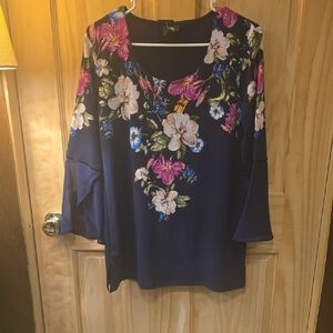 JM Collection Navy Floral Blouse
